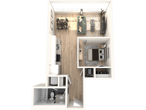 Floor plan for 1 bed, 1 bath, 646 sqft
